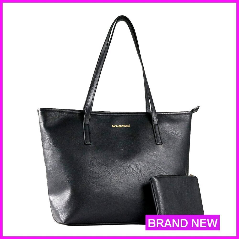 Large Vegan Leather Tote with Pouch, Zipper Closure, Double Handle